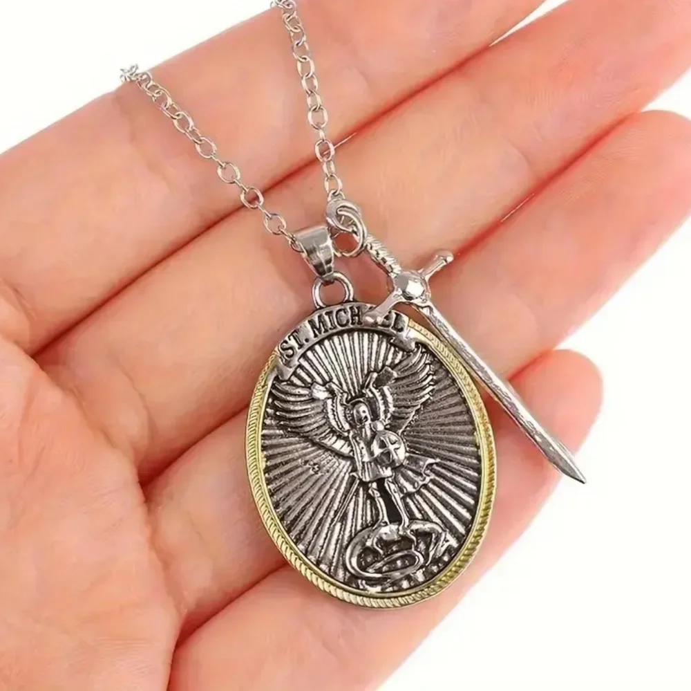 Archangel St. Michael Silver Tone Pendant Chain Necklace